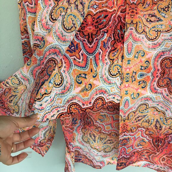 Chico’s Tunic Top 2 L Coral Paisley Light Layer Drapey Coastal Boho Blouse - Picture 4 of 14